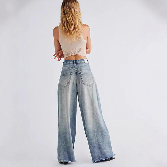 Damen Weite Denim-Hose mit fransigem Saum und hohen Schnitt EB
