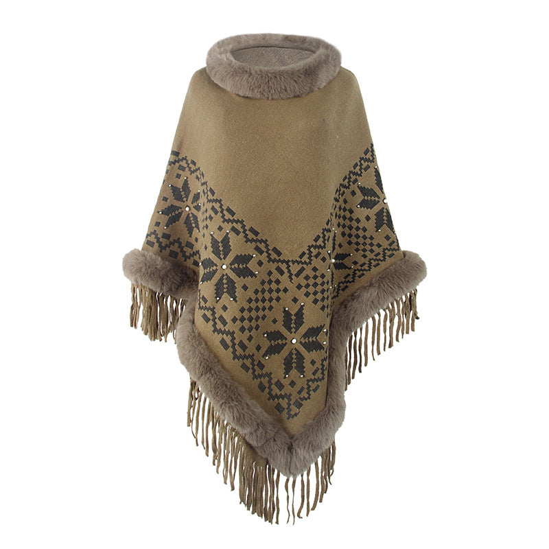 Damen eleganter Poncho mit dekorativem Fransen-Design und Kunstfellbesatz EB