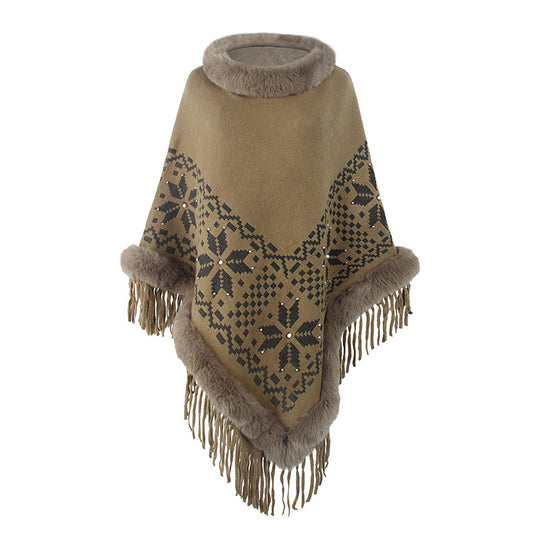 Damen eleganter Poncho mit dekorativem Fransen-Design und Kunstfellbesatz EB