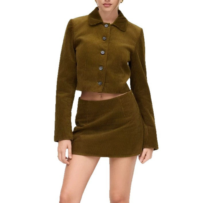 Damen Plissierte Kurzjacke mit Hemdkragen und umgeschlagenen Manschetten EB