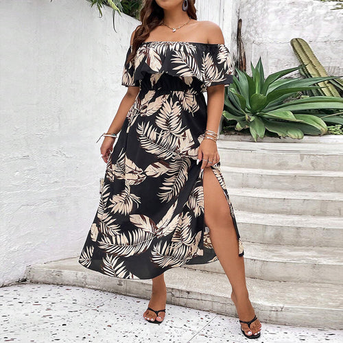 Damen Off-Shoulder Maxikleid mit raffinierten Rüschen und seitlichem Schlitz EB