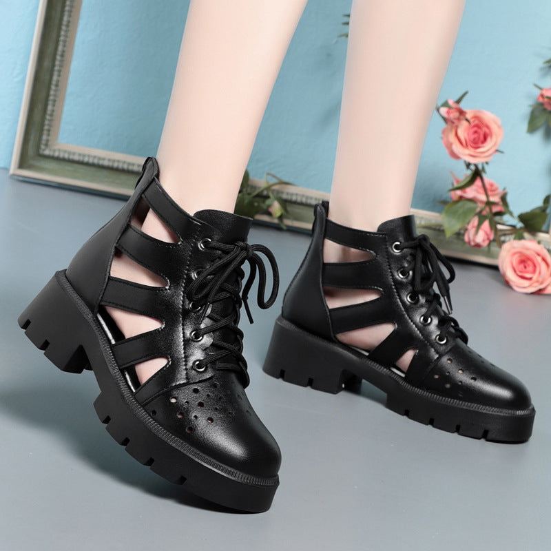 Damen Cut-Out Schnürstiefeletten mit robustem Blockabsatz und atmungsaktivem Obermaterial EB
