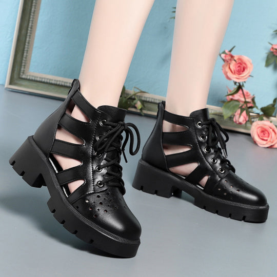 Damen Cut-Out Schnürstiefeletten mit robustem Blockabsatz und atmungsaktivem Obermaterial EB