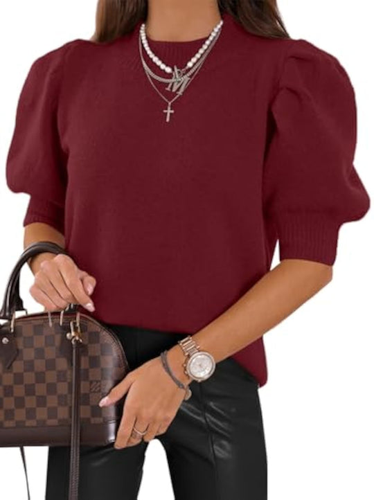 Damen Kurzgeschnitteter Feinstrickpullover mit Puffärmeln und Rippbündchen EB
