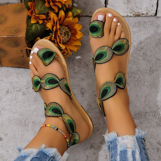 Damen Sandalen mit exzentrischem Design und bunten Federn EB