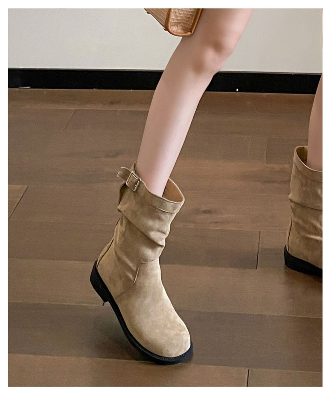 Damen Trendige Stiefel mit modischem Falten-Design und dekorativem Schnallenverschluss EB