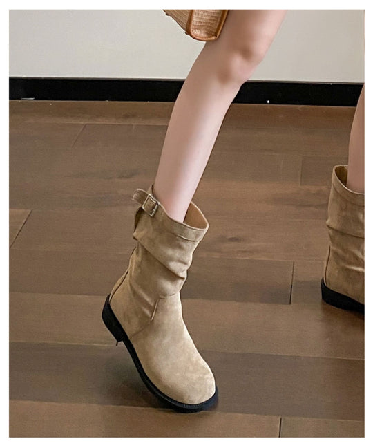 Damen Trendige Stiefel mit modischem Falten-Design und dekorativem Schnallenverschluss EB