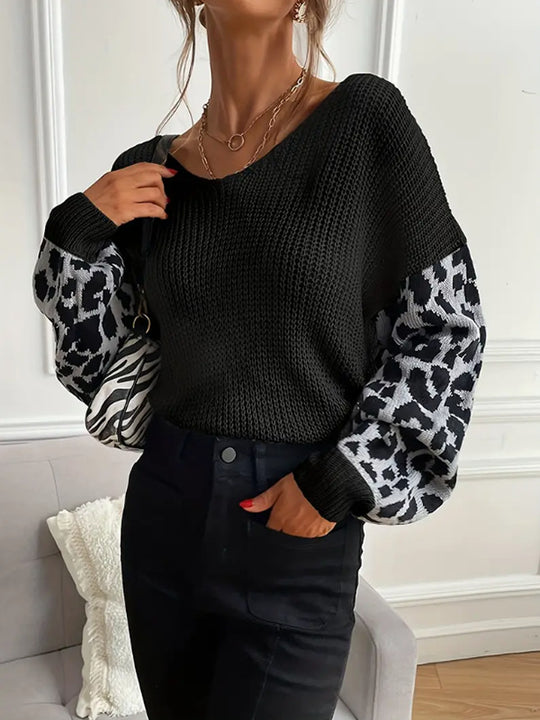 Damen modischer Pullover mit lässiger Weave-Optik und tierischem Muster EB