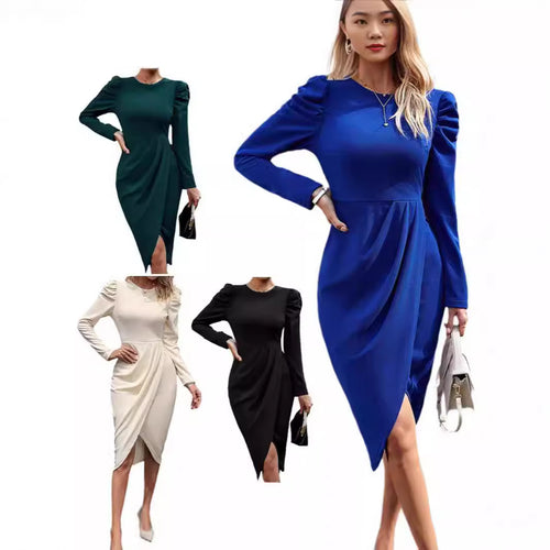 Damen elegantes Wickelkleid mit Puffärmeln und asymmetrischem Saum EB