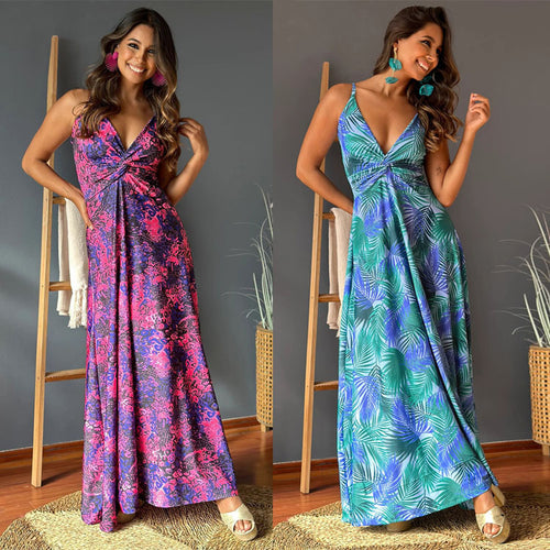 Damen Maxikleid mit tiefem V-Ausschnitt und kreativem Wickeldetail EB
