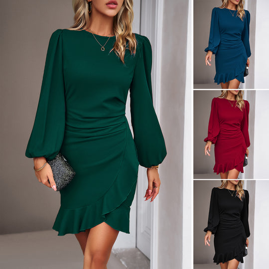 Damen nan tailliertes Cocktailkleid mit zarten Puffärmeln, asymmetrischem Volantrock und figurschmeichelnder Wickeloptik EB