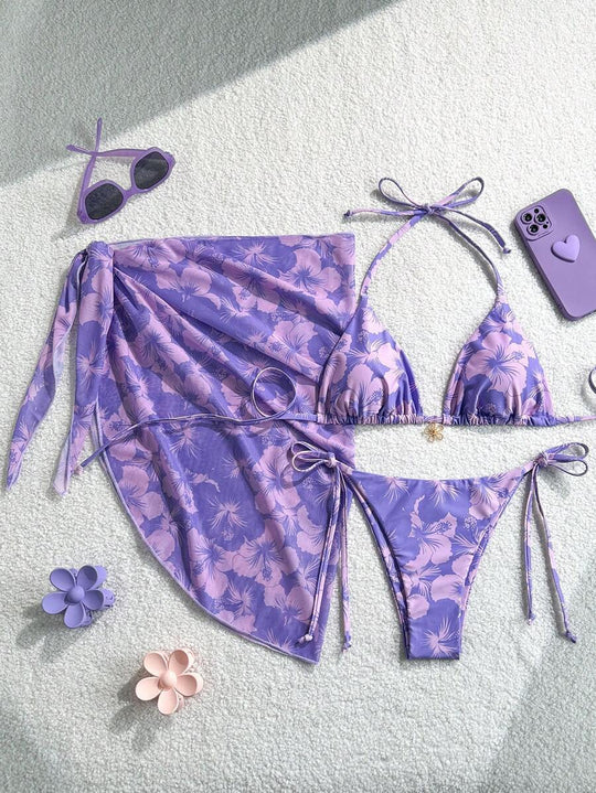 Damen Triangel-Bikini-Set mit verstellbaren Trägern und Wickeltuch EB