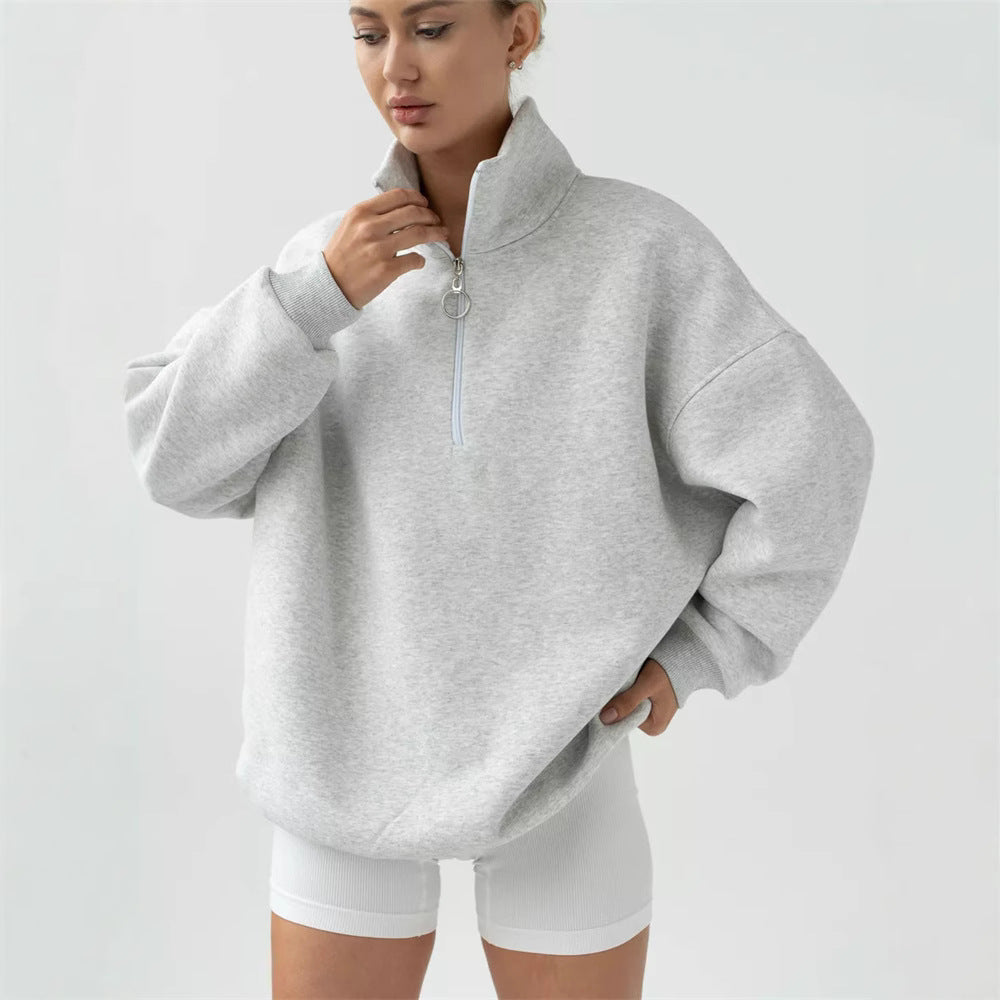 Damen Oversized Halbzip Sweater mit hohem Stehkragen und Rippbündchen EB