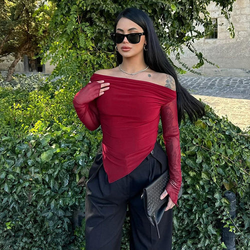 Damen elegantes Wickelshirt mit schulterfreiem Design und transparenten Ärmeln EB