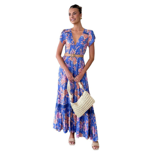 Damen Maxikleid mit tiefem V-Ausschnitt und romantischem Blumenmuster EB
