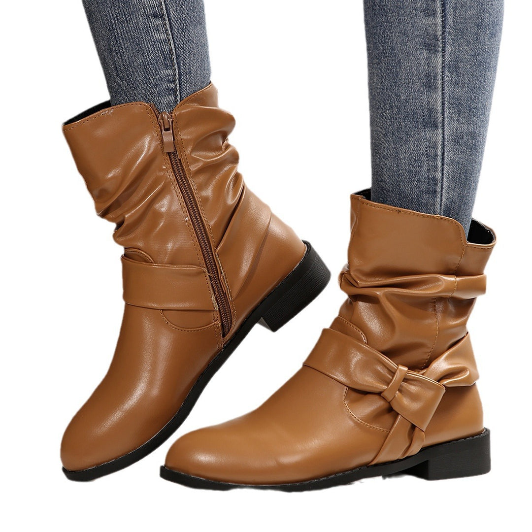 Damen Stiefeletten mit modischem Falten-Design und dekorativem Schleifenverschluss EB