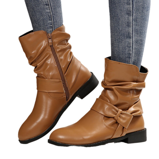 Damen Stiefeletten mit modischem Falten-Design und dekorativem Schleifenverschluss EB