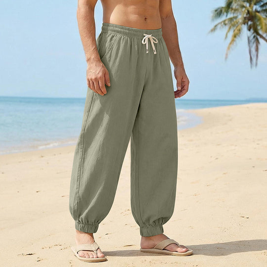 Herren Weite Leinenoptik-Strandhose mit Kordelzug, elastischem Bund und gerafften Beinabschlüssen EB