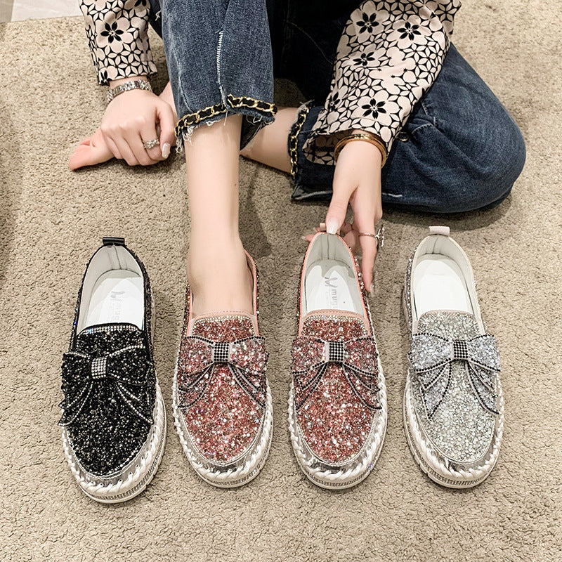 Damen Glitzernde Slip-On Sneakers mit dekorativem Schleifen- und Strass-Detail EB