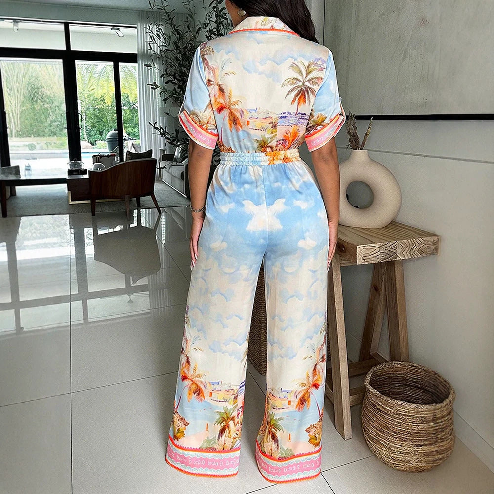 Damen Satin-Jumpsuit mit Hemdkragen, tiefem V-Ausschnitt und weitem Palazzobein EB
