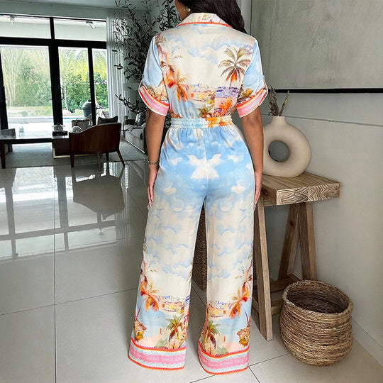 Damen Satin-Jumpsuit mit Hemdkragen, tiefem V-Ausschnitt und weitem Palazzobein EB