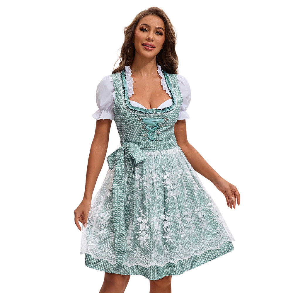 Damen nan traditionelles Dirndlkleid mit Herzausschnitt geschnürter Taille und Spitzen-Schürze EB
