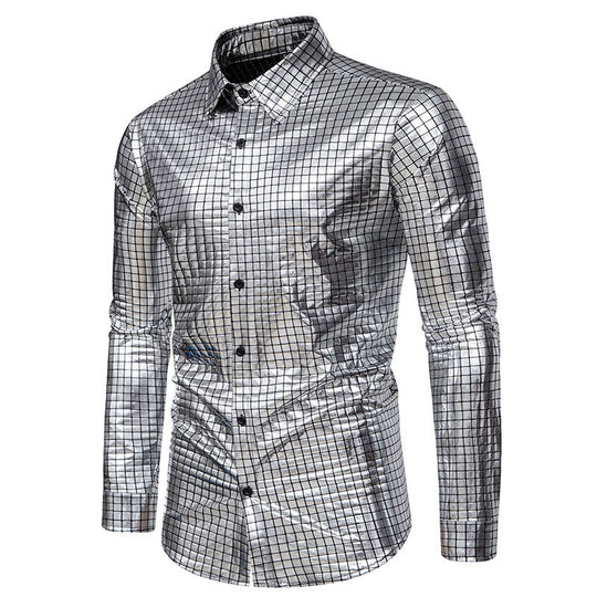 Herren Glänzendes Fashion-Hemd mit quadratischem Muster EB