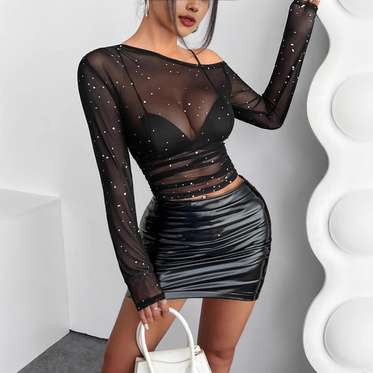Damen Elegante und transparente Bluse mit Glitzersteinen EB