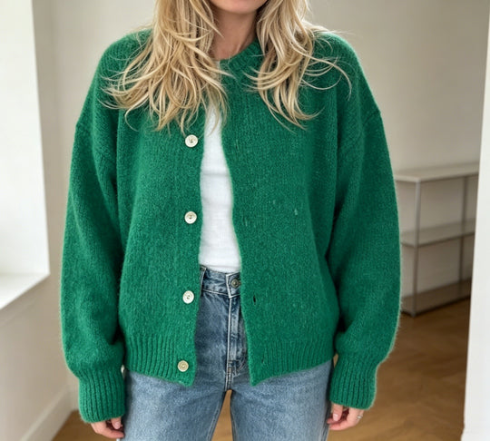 Damen Kuschelige Mohair-Optik Strickjacke mit Rundhals und Ballonärmeln EB