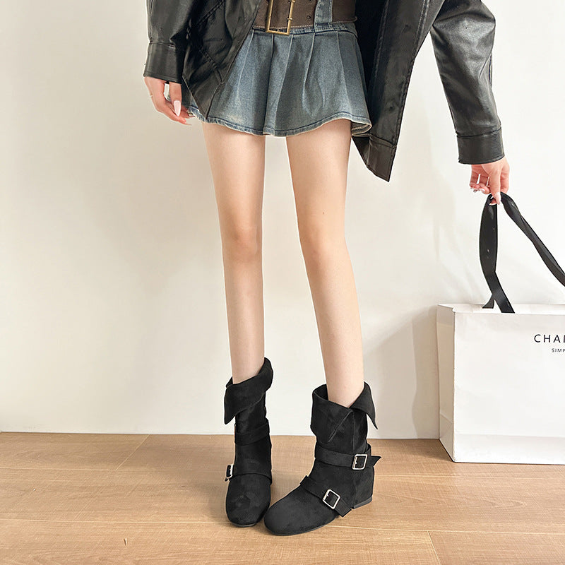 Damen Modische Ankle Boots mit ausgefallenem Klappdesign und dekorativen Schnallen EB