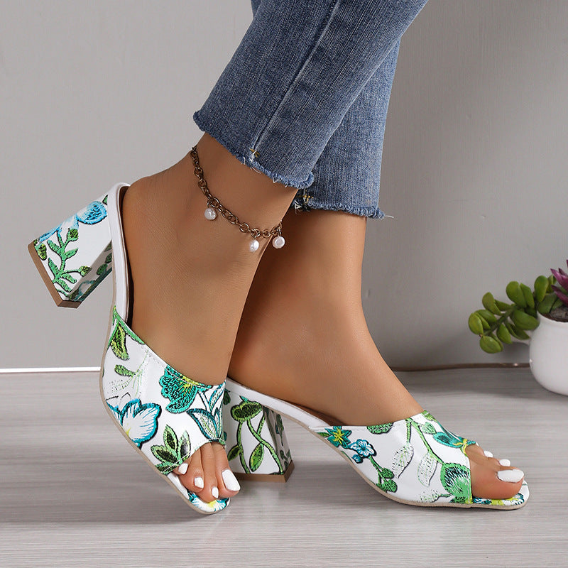 Damen Designermules mit floralem Musterdruck und Blockabsatz EB