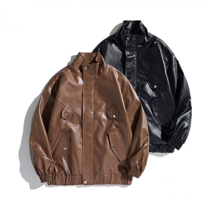 Damen modische Kunstlederjacke mit praktischen Taschen und hohem Kragen EB