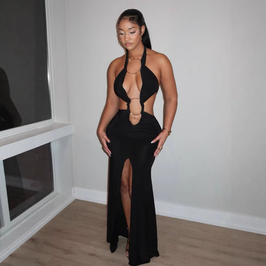 Damen aufregendes Maxikleid mit tiefem V-Ausschnitt und eleganten Raffungselementen EB
