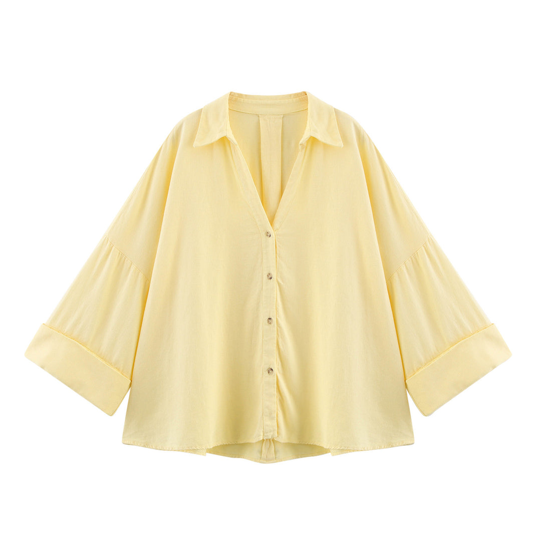 Damen lässige Bluse mit voluminösen Ärmeln und durchgehender Knopfleiste EB