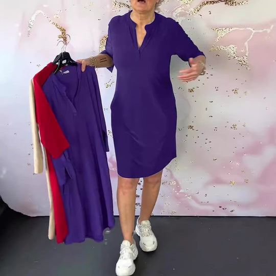 Damen nan knielanges legeres Jerseykleid mit Stehkragen und V-Ausschnitt EB
