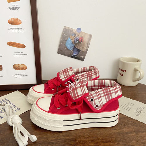 Damen Plateau Sneakers mit verspieltem Karomuster und praktischer Schnürung EB