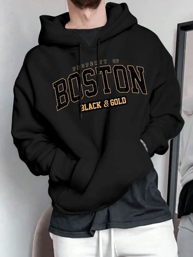 Herren Kapuzensweater mit auffälligem Boston-Print und weicher Innenseite EB