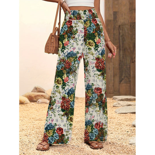 Damen Weite Blumenmuster-Hose mit elastischem Bund und hohem Taillenschnitt EB
