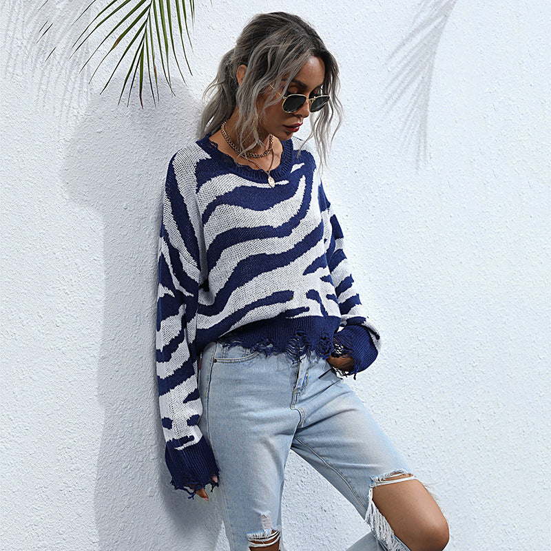 Damen Oversized Strickpullover mit modernem Zebra-Design und weitem Schnitt EB