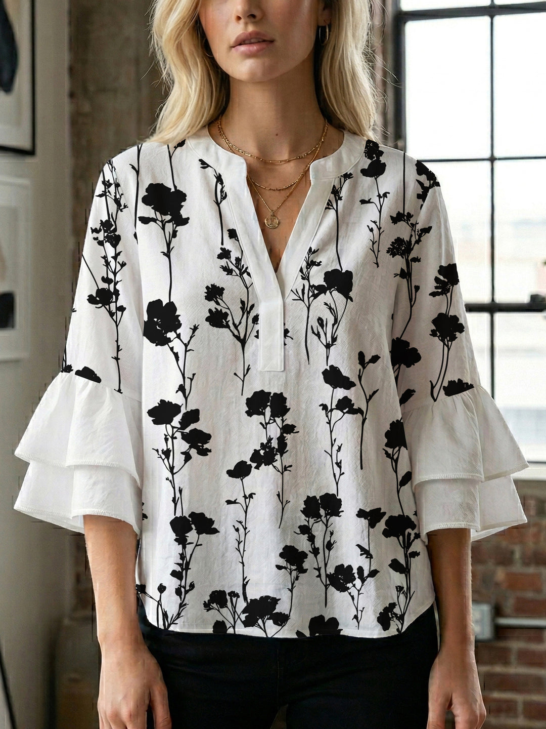 Damen lässige Bluse mit Volantärmeln und botanischem Druck EB