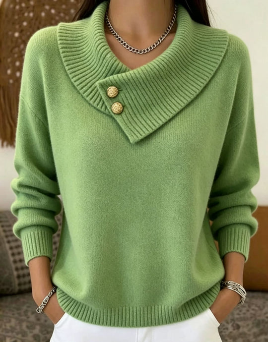 Damen Feinstrick-Pullover mit überlappendem Schalkragen und Zierknöpfen EB