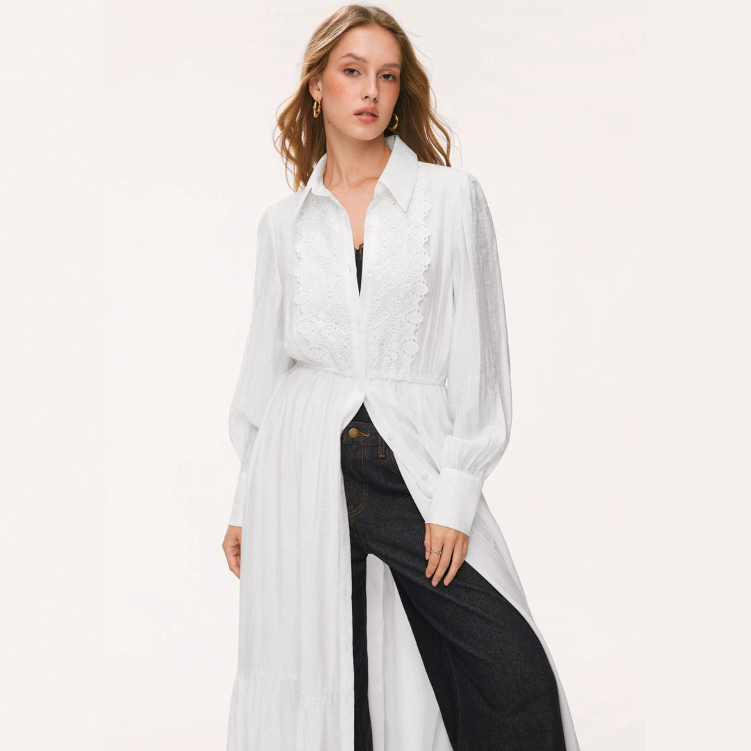Damen Langes Hemdblusenkleid mit Spitzenbesatz, Taillierung und Stufenrock EB