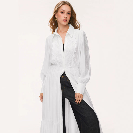 Damen Langes Hemdblusenkleid mit Spitzenbesatz, Taillierung und Stufenrock EB