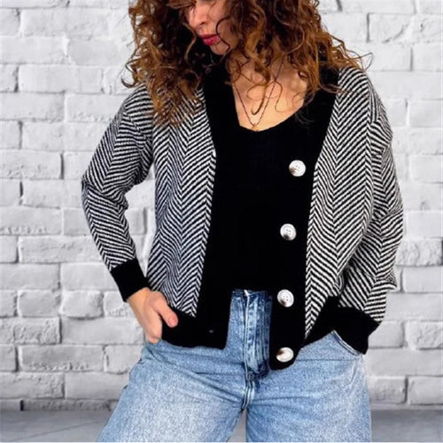 Damen Modischer Cardigan mit Chevron-Muster und Knöpfen EB