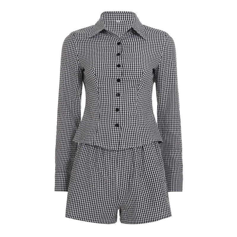 Damen nan zweiteiliges Vichy-Set aus taillierter Blusenjacke mit Wiener Nähten und Highwaist-Shorts EB