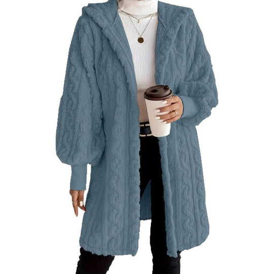 Damen Flauschige Oversized-Strickjacke mit Kapuze und Eingrifftaschen EB