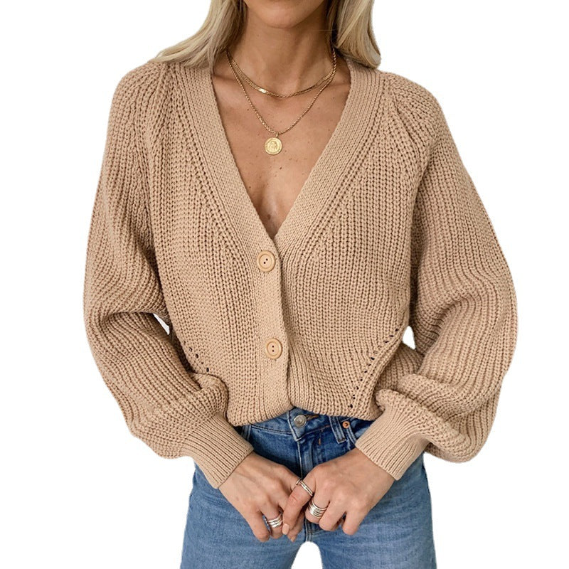 Damen legerer V-Ausschnitt Strickcardigan mit Knöpfen EB
