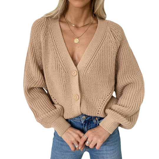 Damen legerer V-Ausschnitt Strickcardigan mit Knöpfen EB