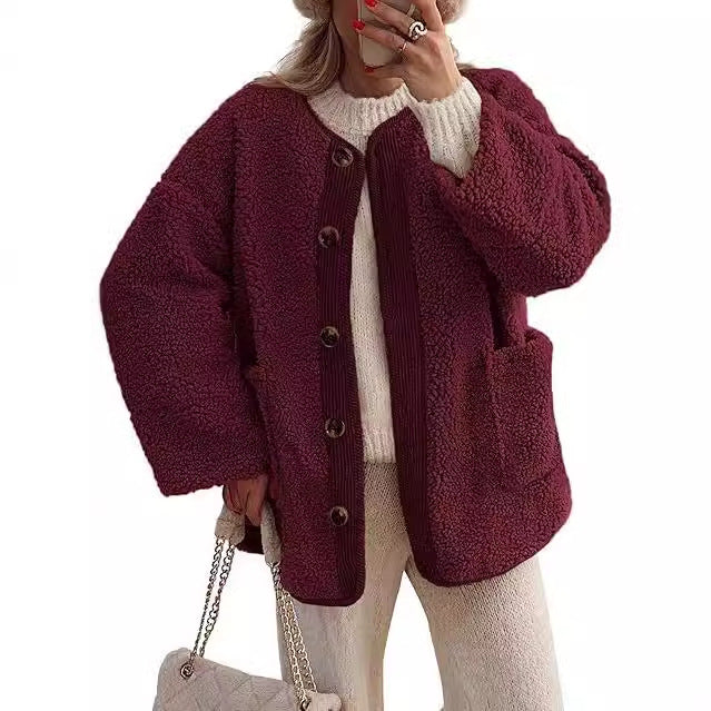 Damen kuschelige Teddyjacke mit farblich abgestimmtem Kragen EB