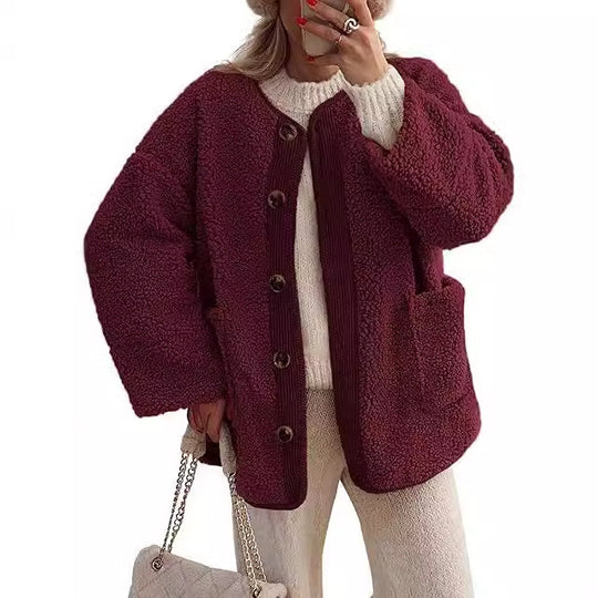 Damen kuschelige Teddyjacke mit farblich abgestimmtem Kragen EB